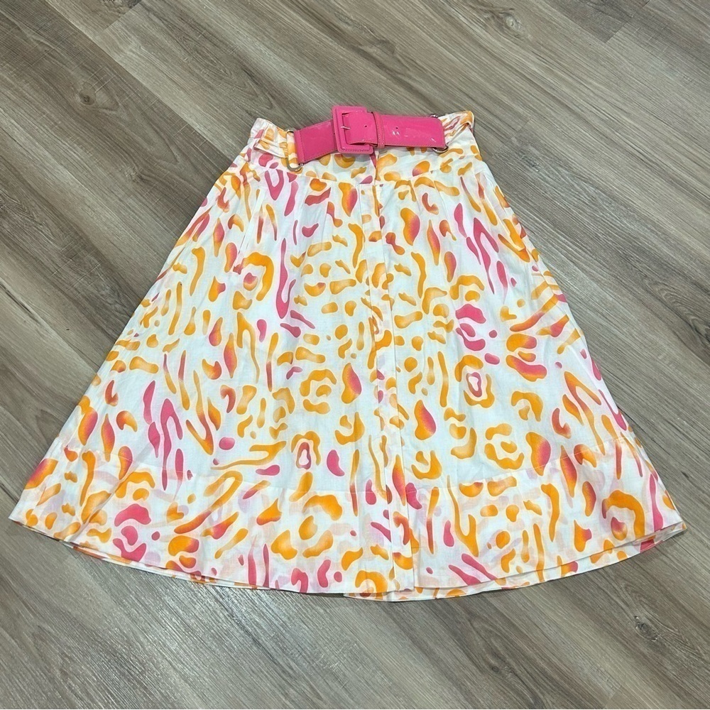 Picnic By C.P.W White Orange Pink Cheetah Midi Print Skirt with Belt Women Sz 4